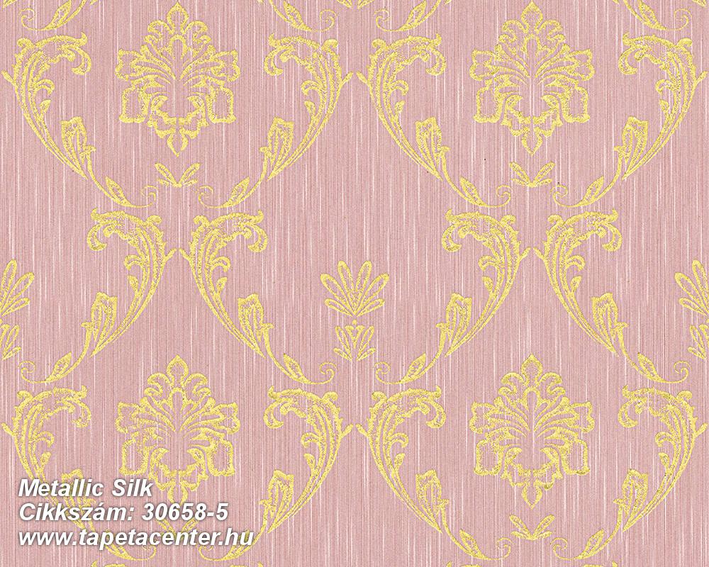 Barokk-klasszikus,csillámos,különleges felületű,különleges motívumos,valódi textil,arany,pink-rózsaszín,vlies tapéta 